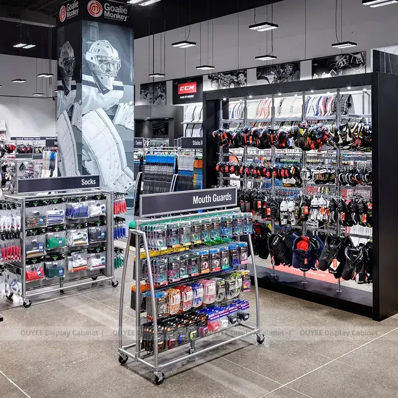Sports Accessories Store Fixtures With Glove Walls And Mobile Grid Racks 1