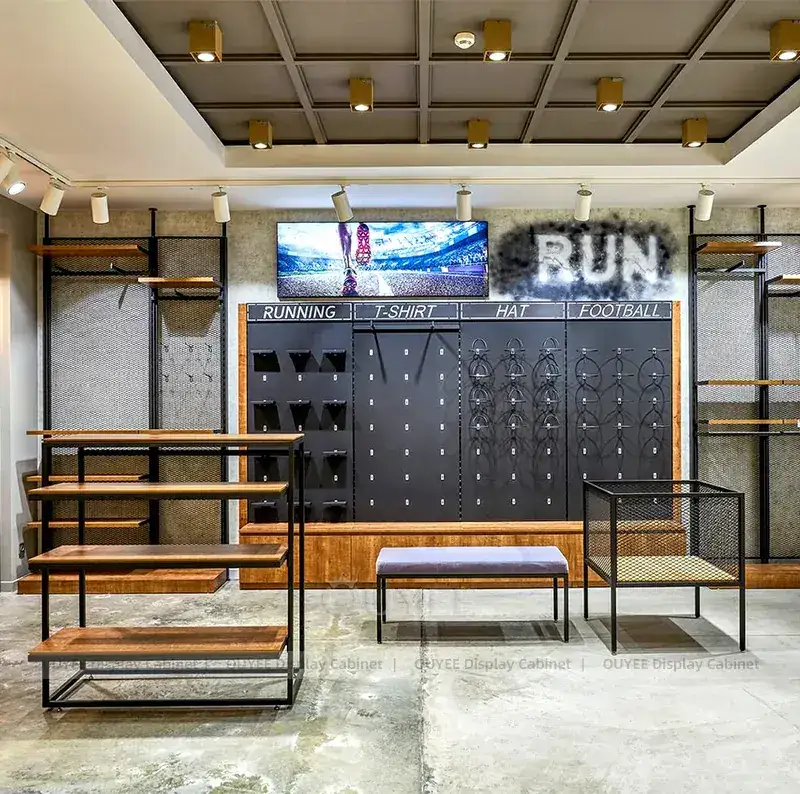 Modular Running Store Wall Display With Pegboard Panels And Bench Seating 1