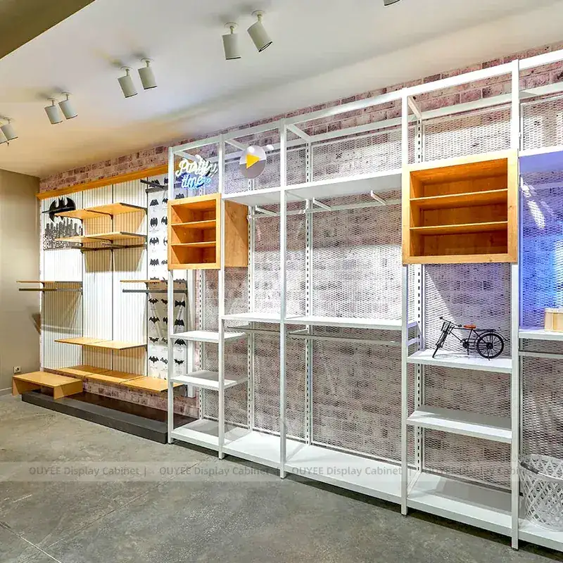 White And Wood Modular Slatwall Display System For Apparel Retail 1