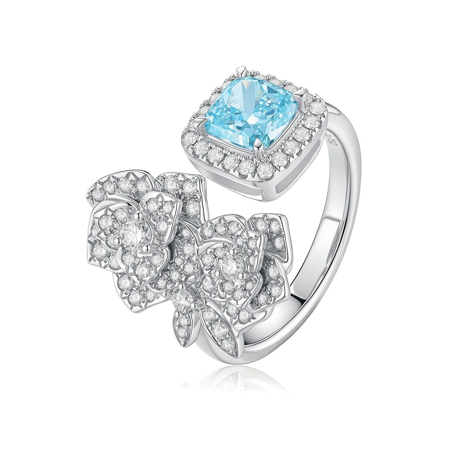 Bague romantique en or blanc, taille 6,25 (US), sertie d'un diamant bleu de laboratoire taille coussin de 1,17 ct (pureté VS1), référence Z001L29 1