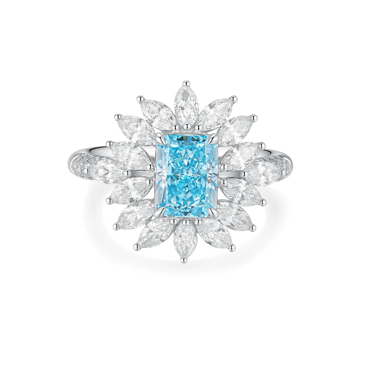 18K White Gold 1.28CT  Blue VS1 lab Grown Radiant Cut Diamond Ring Size US 6,S001L19 1