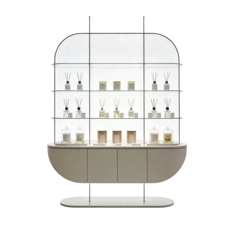 Minimalistisches Apotheker-Präsentationsregal aus weißem Glas 1