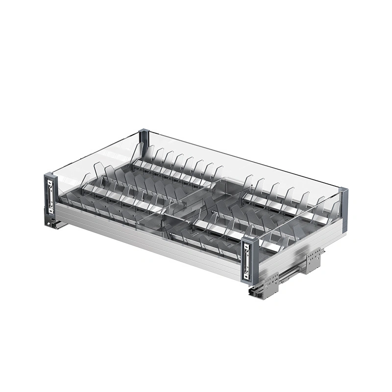 Étagère coulissante de rangement de cuisine en verre et aluminium avec trois paniers latéraux et support en plastique 1