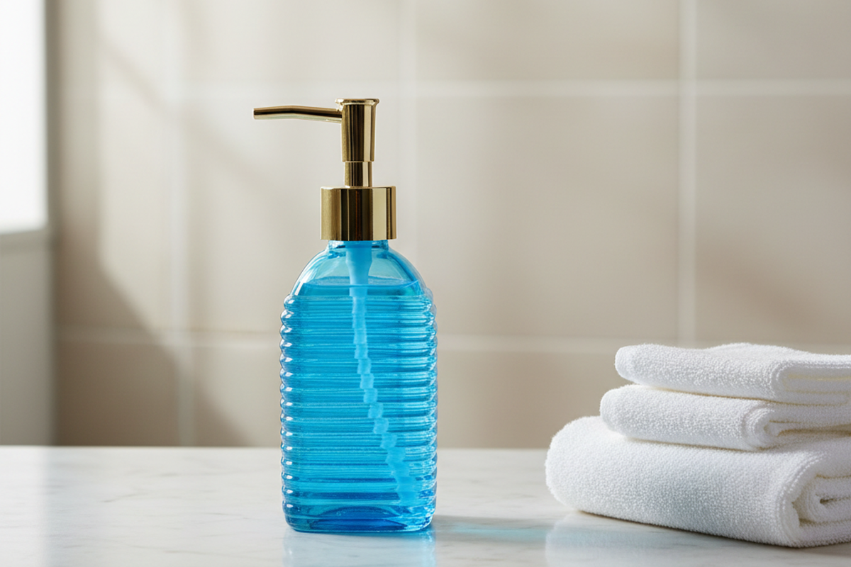 صابون دست بطری شیشه‌ای شیک - مایع دستشویی مرطوب‌کننده ملایم در ظرف آب‌پاش شیاردار آبی با پمپ کروم 2