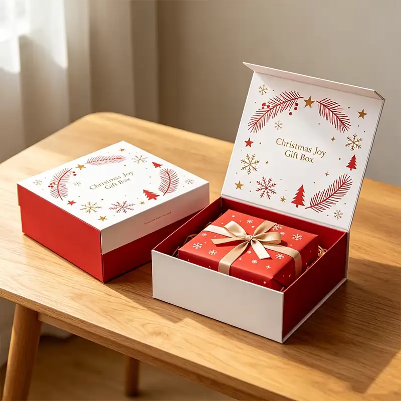 Custom Recyclable Carton Clamshell Type Pre-Filled Rectangle Christmas Eve Present Box with LED Decor and Joy Christmas Gift Box 1