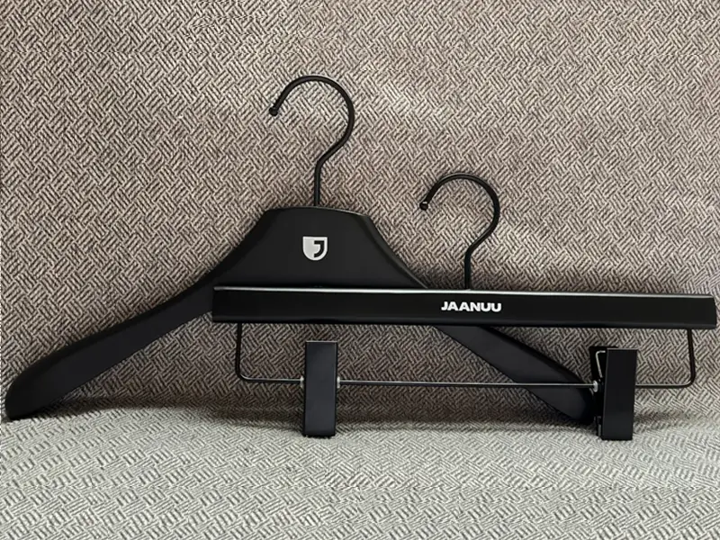 High quality matt black coat hanger with white logo 1