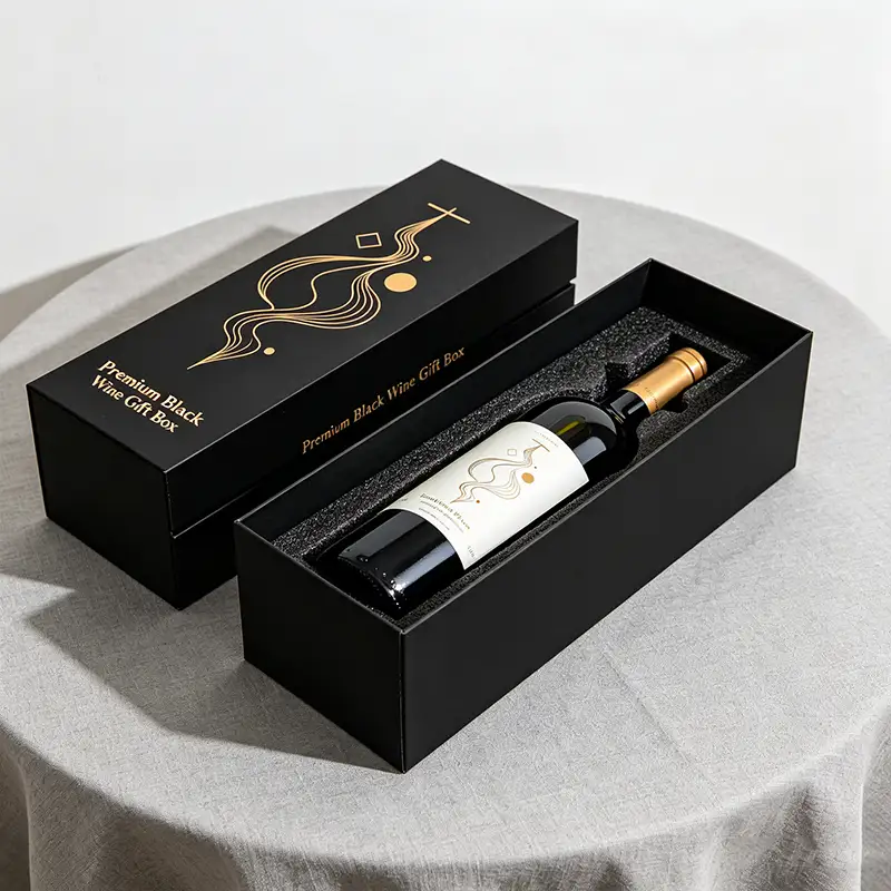 Portable Rigid for Bottle Gift Box with Handle High Gloss Black Paperboard Embossing & UV Coating 1