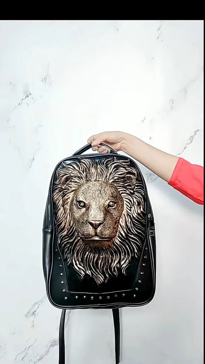 Men's 3D Lion Head Leather Laptop Backpack  Custom Logo Casual Daypack for College & Work 1