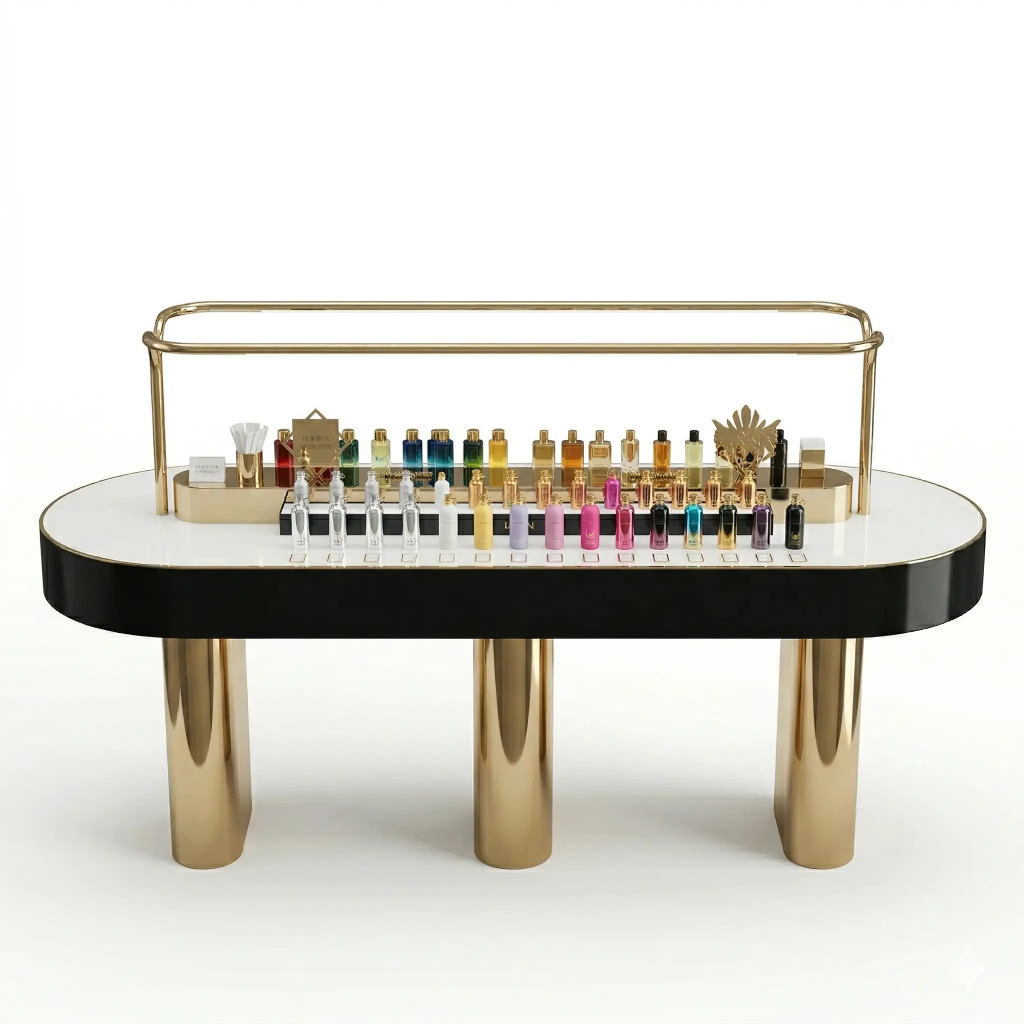 Avantgardistischer ovaler Parfümtester mit goldenen zylindrischen Füßen 1