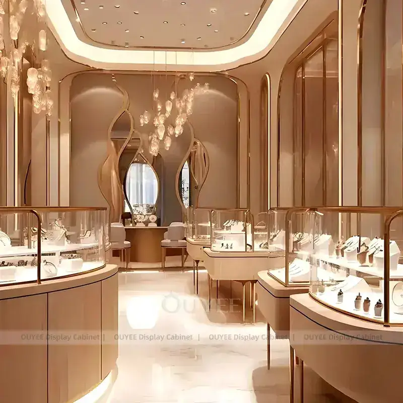 Modern Cream Jewelry Display Counter With LED Wall Showcases 1