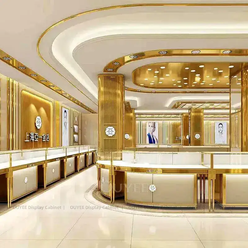 Custom Cream Jewelry Display Cabinet With LED Wall Showcases 1