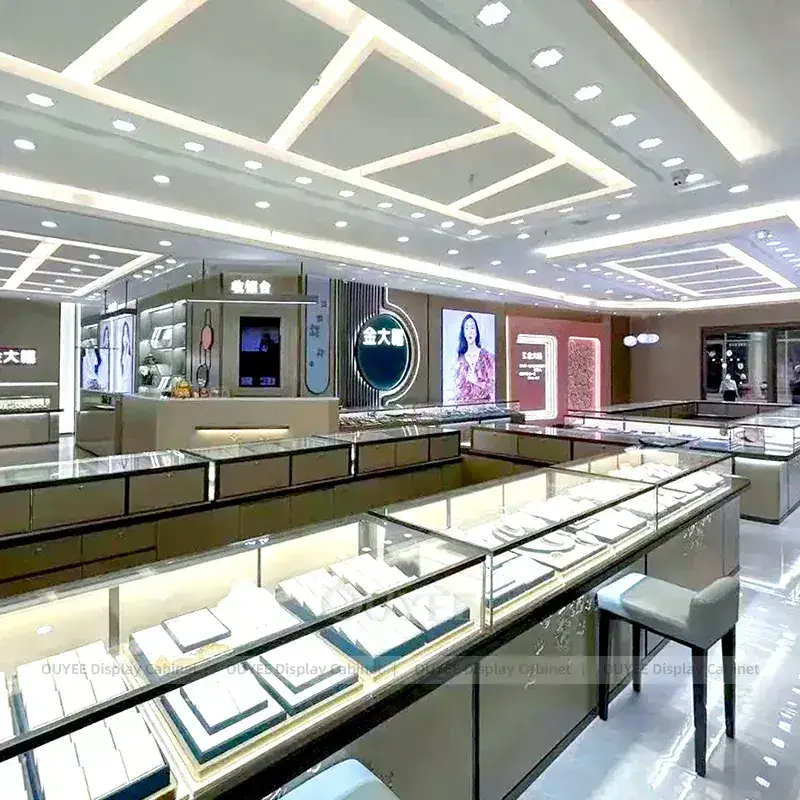 Premium Cream Jewelry Showcase Counter With Curved Glass Islands 1