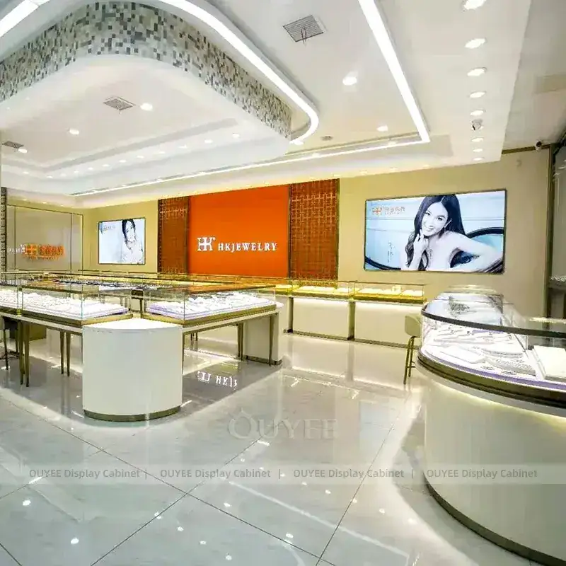 Elegant Cream Jewelry Boutique Display Cabinet With Curved Glass Islands 1