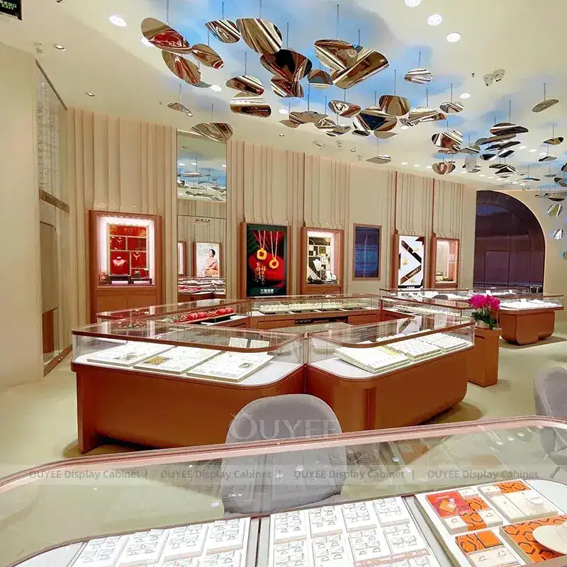 Sophisticated Cream Jewelry Store Display Table With Curved Glass Islands 1