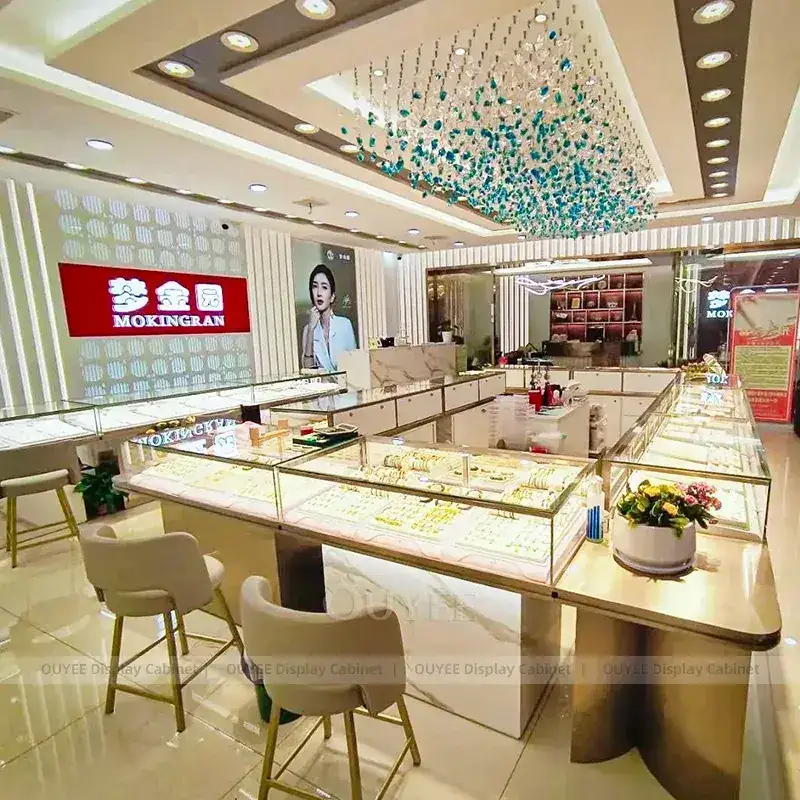 Sophisticated Walnut Jewelry Store Display Table With Marble Backdrop 1