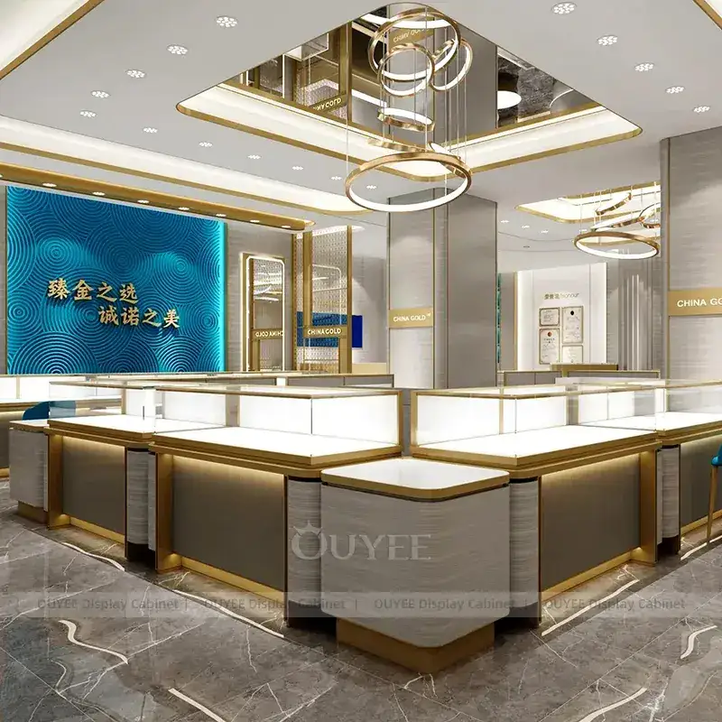 Refined Walnut Jewelry Showroom Display Counter With Freestanding Glass Towers 1