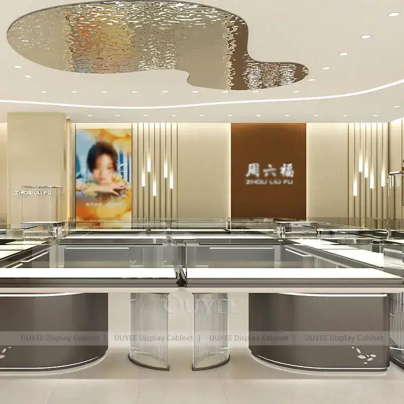 Modern Champagne Gold Jewelry Display Counter With Freestanding Glass Towers 1