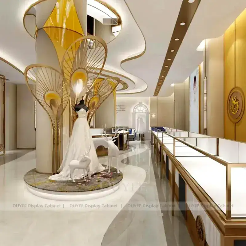 Luxury Champagne Gold Jewelry Store Fixture With Freestanding Glass Towers 1