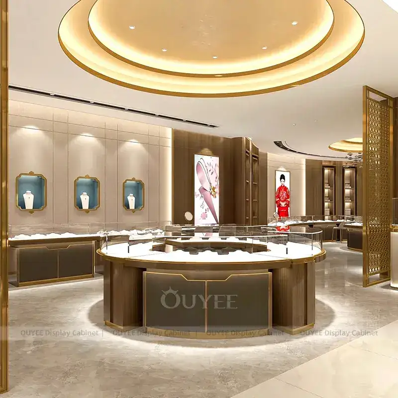 Custom Champagne Gold Jewelry Display Cabinet With Perimeter Display Cabinets 1