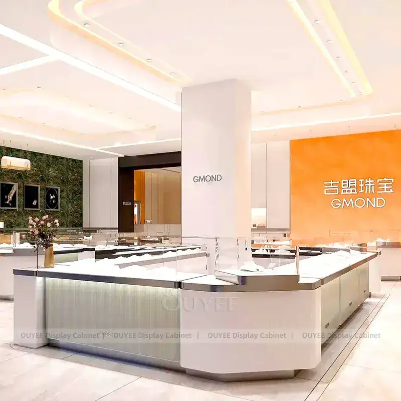 Premium Champagne Gold Jewelry Showcase Counter With Perimeter Display Cabinets 1