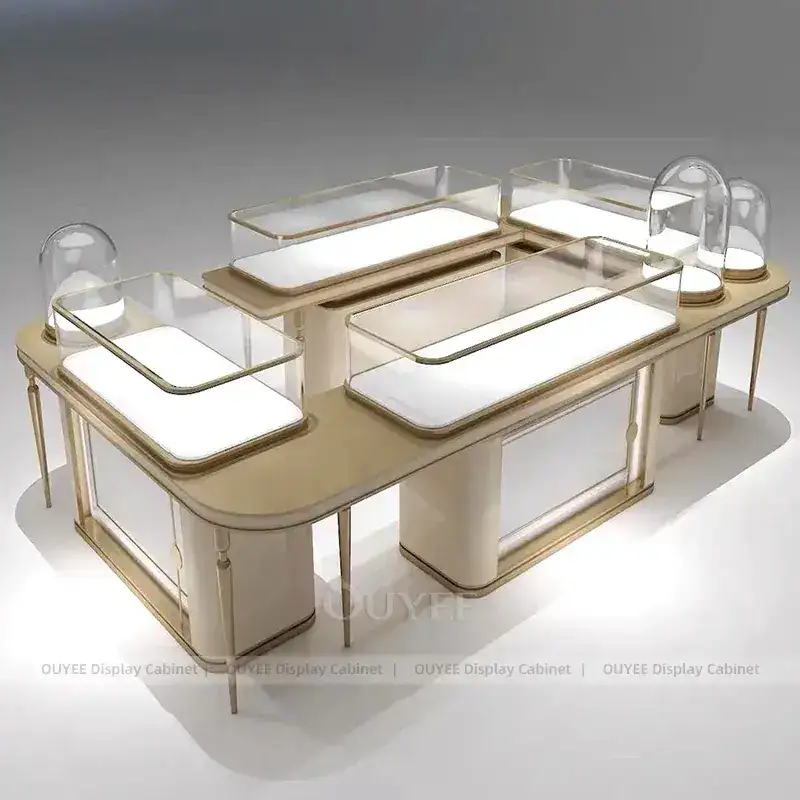 Sophisticated Champagne Gold Jewelry Store Display Table With Center Island Showcases 1