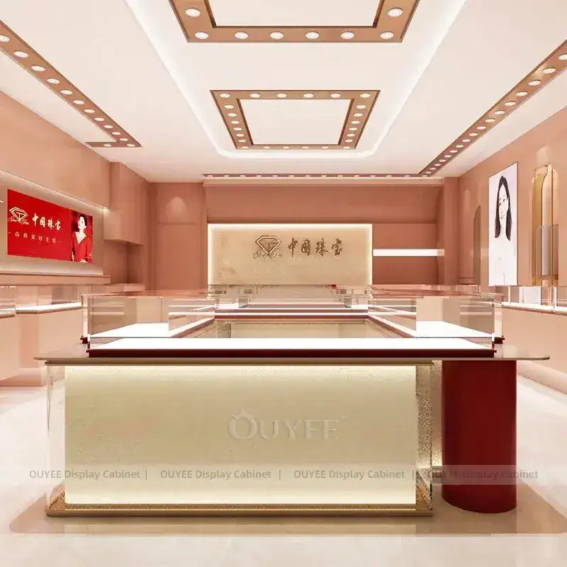 Contemporary Champagne Gold Jewelry Retail Display Cabinet With Center Island Showcases 1