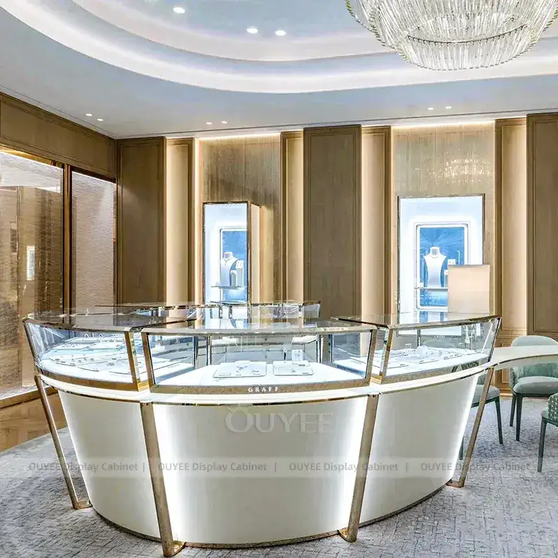 Refined Champagne Gold Jewelry Showroom Display Counter With Center Island Showcases 1