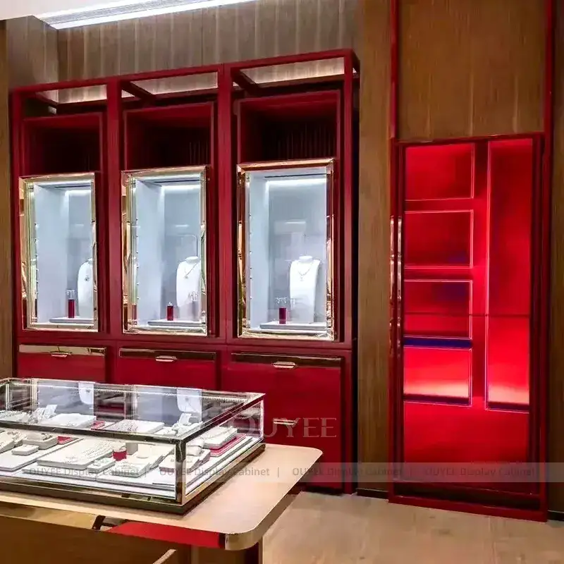 Luxury White Jewelry Store Fixture With LED Wall Showcases 1