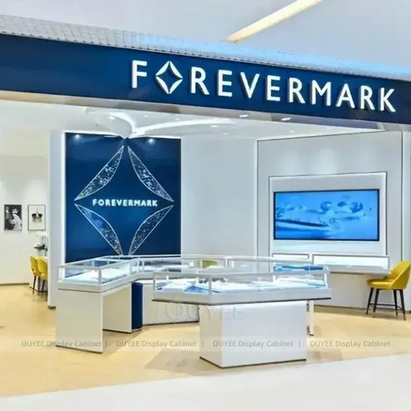 Custom White Jewelry Display Cabinet With LED Wall Showcases 1