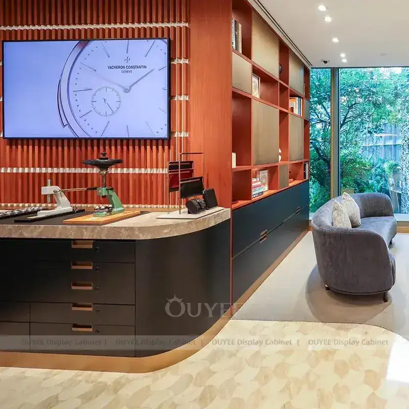 Elegant White Jewelry Boutique Display Cabinet With Curved Glass Islands 1