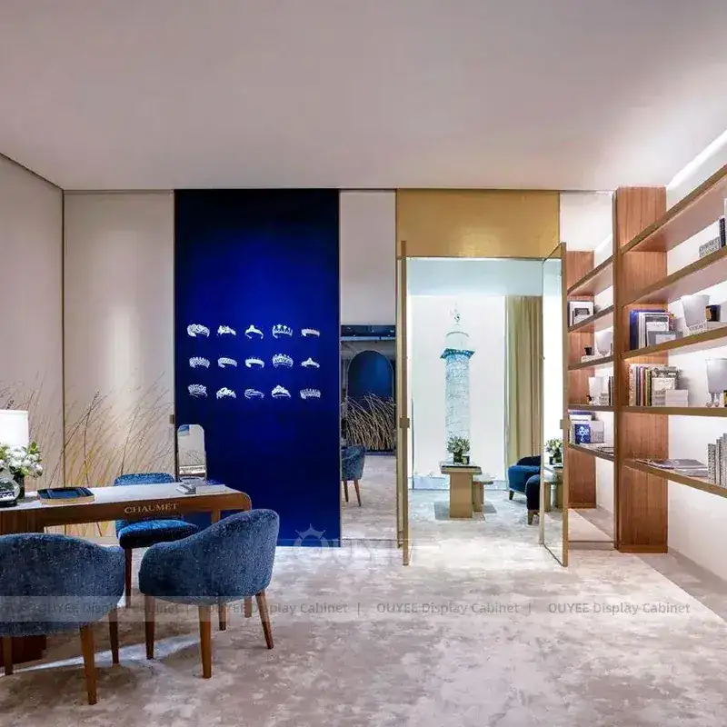 Custom Beige Jewelry Display Cabinet With Fluted Front Desk 1