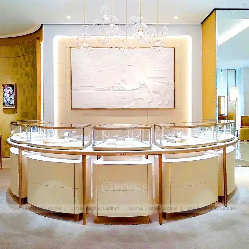 Sophisticated Beige Jewelry Store Display Table With Marble Backdrop 1