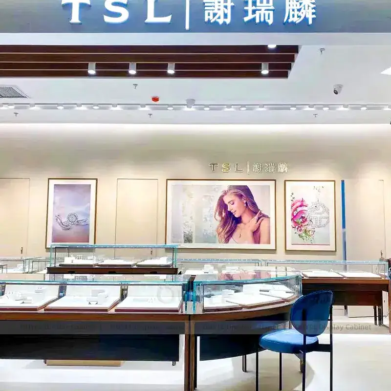 Refined Beige Jewelry Showroom Display Counter With Freestanding Glass Towers 1