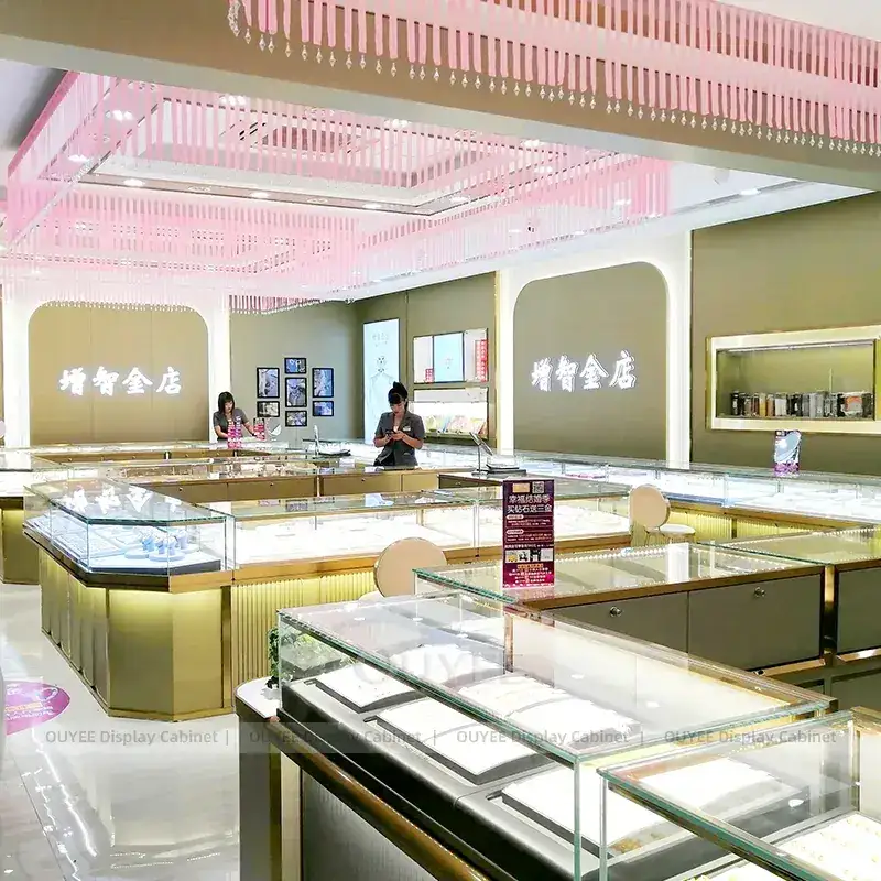 Modern Fluted Wood Jewelry Display Counter With LED Wall Showcases 1