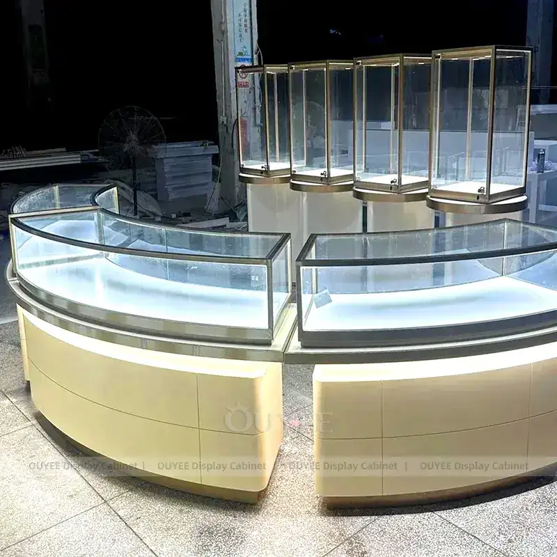 Luxury Fluted Wood Jewelry Store Fixture With LED Wall Showcases 1