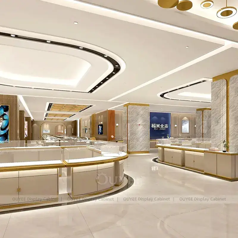 Custom Fluted Wood Jewelry Display Cabinet With LED Wall Showcases 1