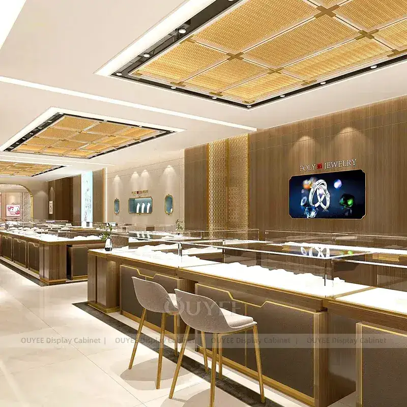 Premium Fluted Wood Jewelry Showcase Counter With Curved Glass Islands 1