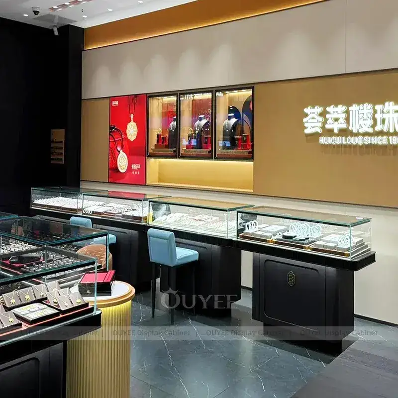 Sophisticated Fluted Wood Jewelry Store Display Table With Curved Glass Islands 1