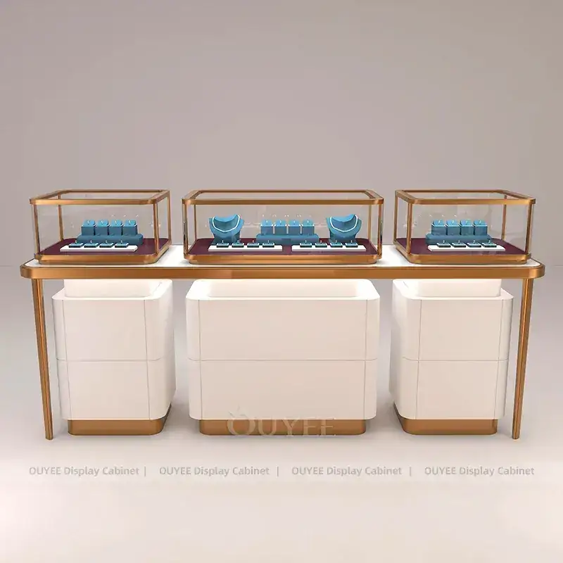 Contemporary Fluted Wood Jewelry Retail Display Cabinet With Consultation Table 1