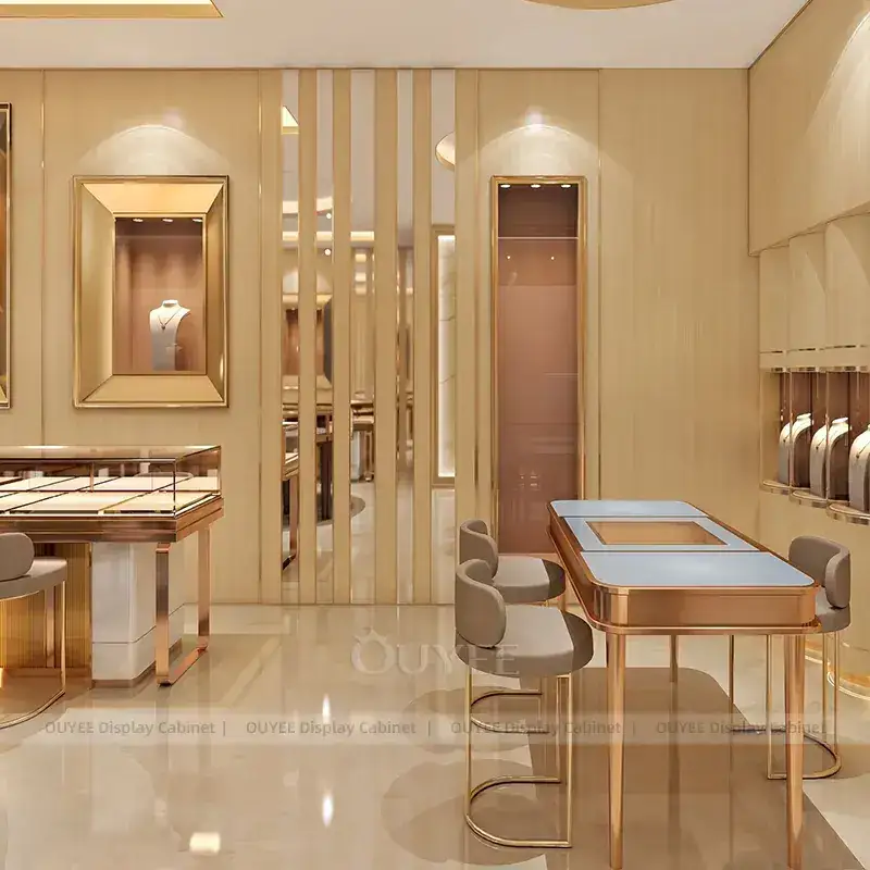 Refined Fluted Wood Jewelry Showroom Display Counter With Consultation Table 1