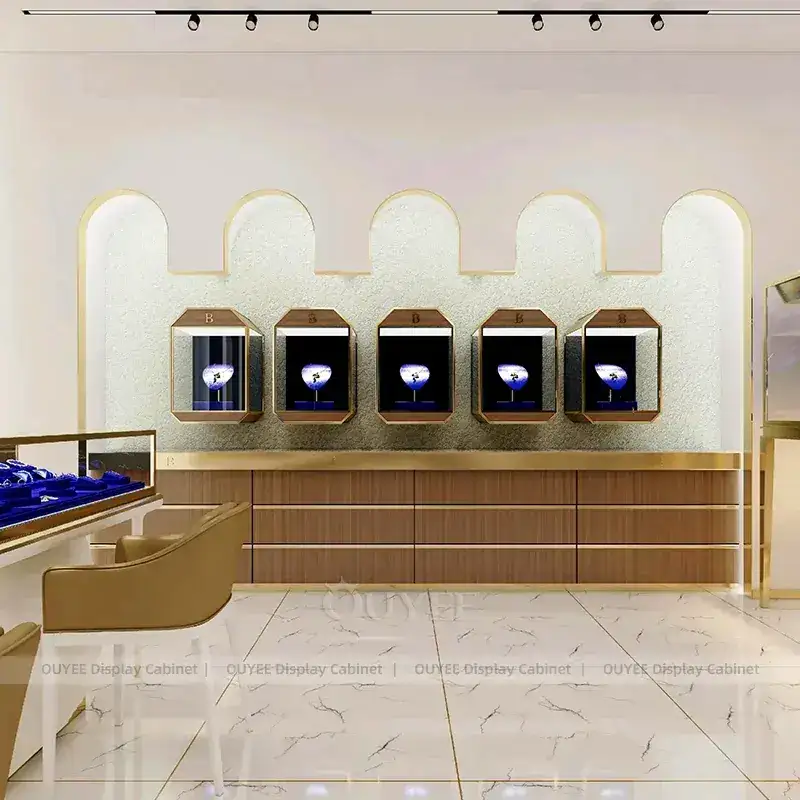 Custom Marble Accent Jewelry Display Cabinet With Fluted Front Desk 1