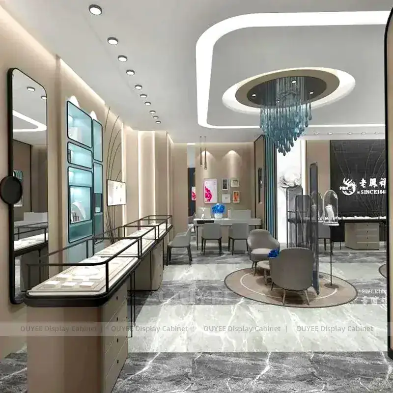 Elegant Marble Accent Jewelry Boutique Display Cabinet With Marble Backdrop 1