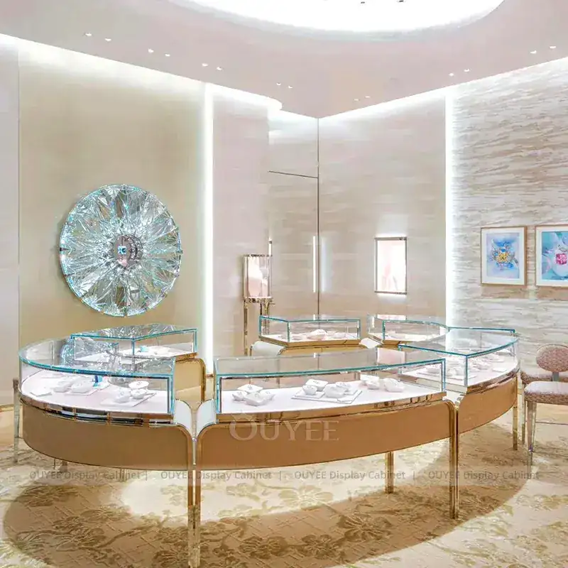 Refined Marble Accent Jewelry Showroom Display Counter With Freestanding Glass Towers 1