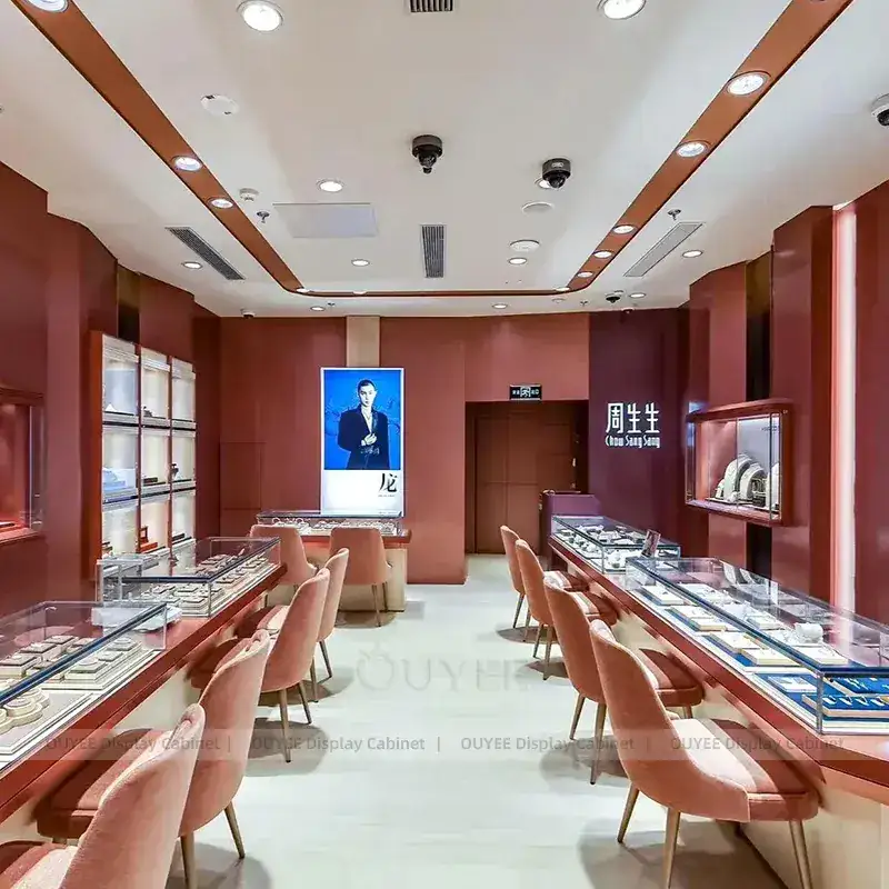 Modern Cream Jewelry Display Counter With Freestanding Glass Towers 1