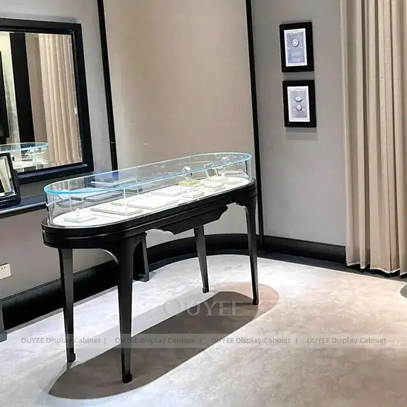 Luxury Cream Jewelry Store Fixture With Freestanding Glass Towers 1