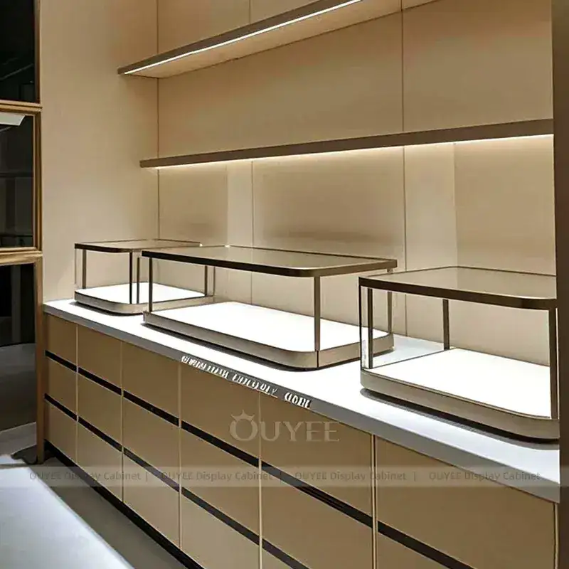 Modern Walnut Jewelry Display Counter With LED Wall Showcases 1