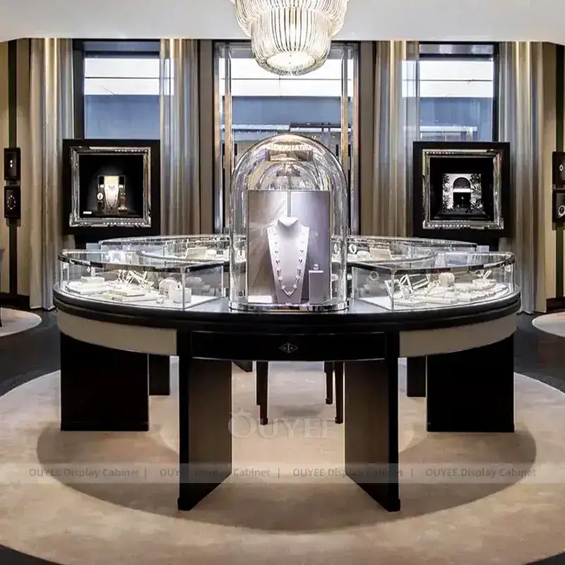 Luxury Walnut Jewelry Store Fixture With LED Wall Showcases 1