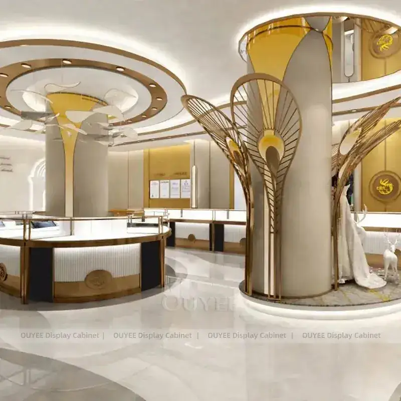 Premium Walnut Jewelry Showcase Counter With Curved Glass Islands 1