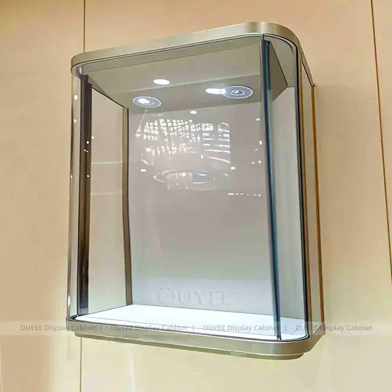 Sophisticated Walnut Jewelry Store Display Table With Curved Glass Islands 1