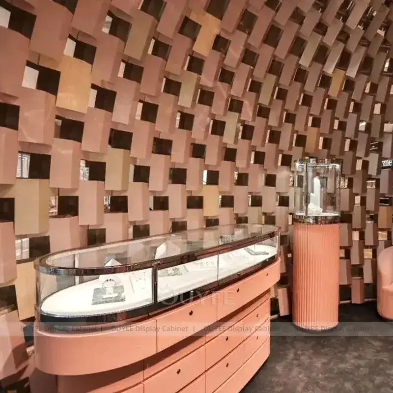 Custom Champagne Gold Jewelry Display Cabinet With Fluted Front Desk 1